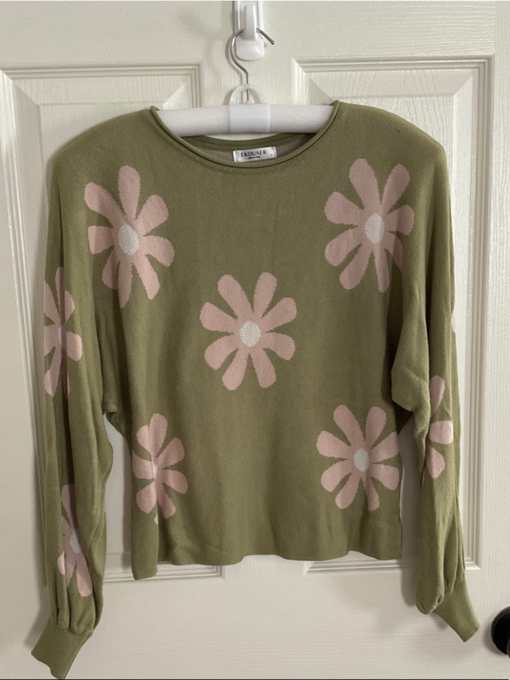 Ekouver Olive Green Crewneck Sweater with Pink Daisy Motif